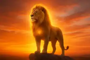 Leão espiritual iluminado ao pôr do sol, imagem de capa do arquétipo do Leão