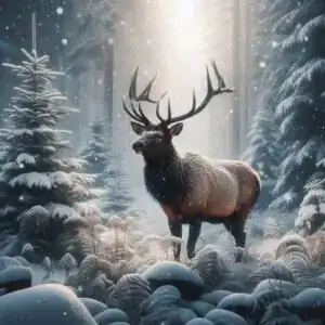 Cervo majestoso em floresta coberta de neve com luz celestial ao fundo