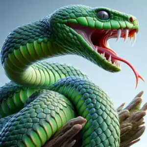 Cobra verde com escamas brilhantes e presas afiadas expostas