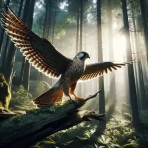 Falcão com asas abertas sobre galho em floresta iluminada