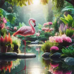 Flamingo em jardim florido e espelhado sob luz suave