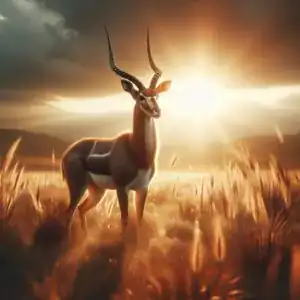 Gazela no campo ao pôr do sol com luz dourada intensa