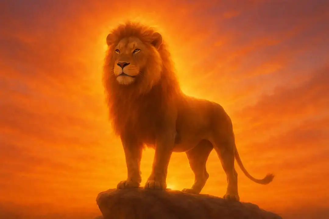 Leão majestoso sobre rocha ao pôr do sol com aura dourada, simbolizando poder, serenidade e liderança espiritual