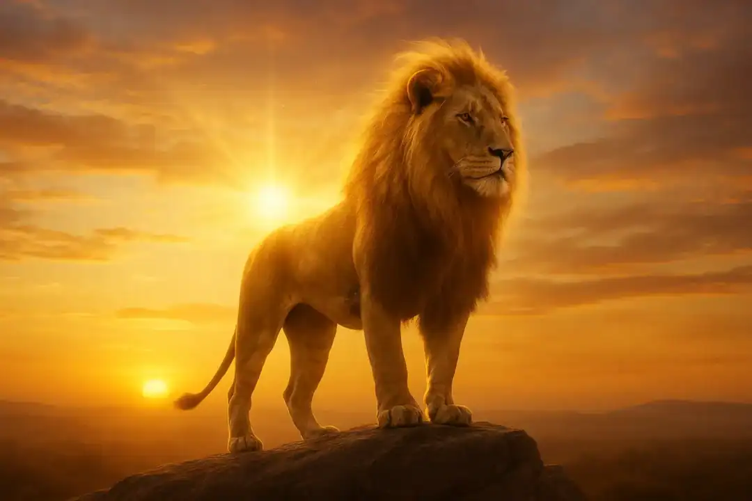 Leão majestoso sobre rocha ao pôr do sol, com aura dourada e olhar firme, simbolizando poder e serenidade