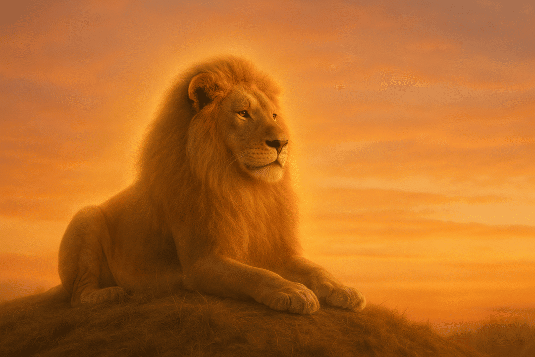 Leão sobre colina ao pôr do sol com aura dourada suave, simbolizando liderança autêntica e força serena