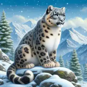 Leopardo-das-neves sentado sobre rochas em paisagem de neve e montanhas
