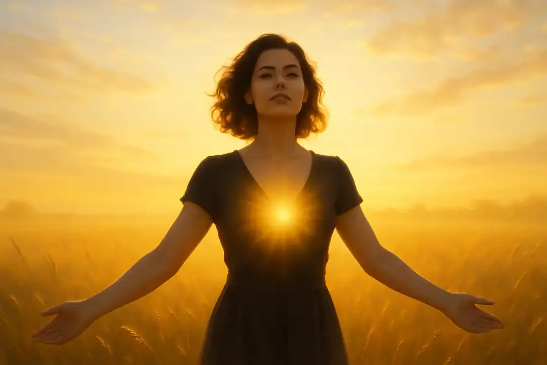 Mulher confiante com aura dourada no plexo solar, de frente para o sol nascente em campo dourado