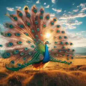 Pavão com cauda aberta em paisagem dourada ao amanhecer