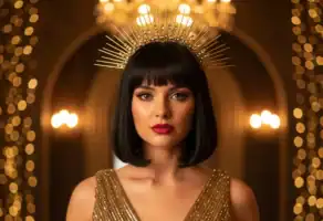 Jovem mulher com coroa dourada e vestido reluzente representando o arquétipo da Cleópatra moderna em um ambiente de palácio dourado.