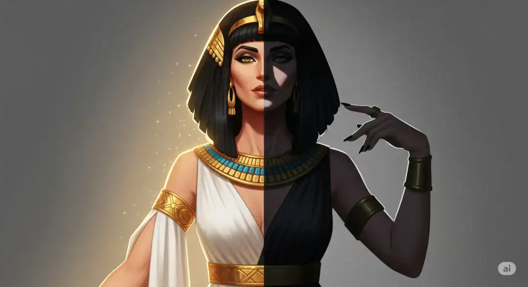 Ilustração do arquétipo da Cleópatra com metade do corpo em luz dourada e metade em sombra, simbolizando os dois polos do poder feminino.