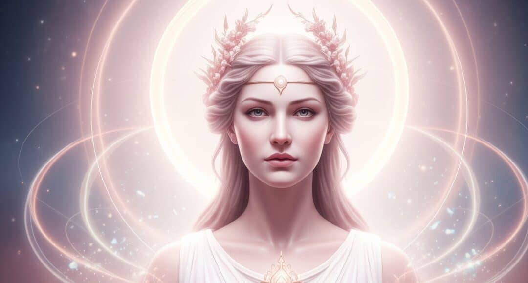 Representação cósmica de Afrodite com coroa floral e energia luminosa ao redor, simbolizando o amor divino e a beleza espiritual em sua forma arquetípica.