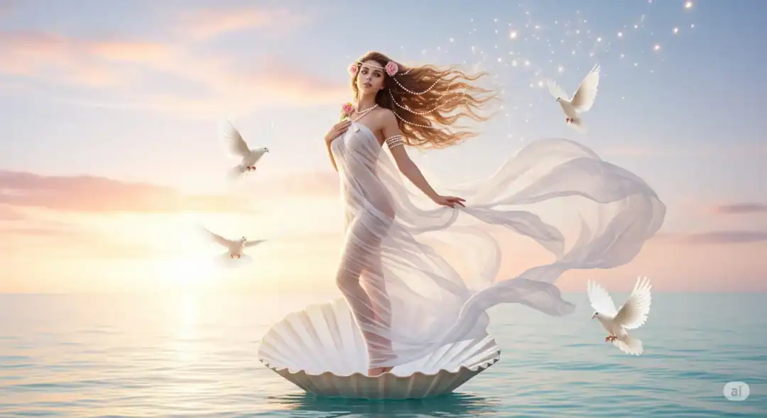 Afrodite em sua forma divina, surgindo do mar sobre uma concha, envolta em tecido esvoaçante com pombas brancas ao redor e luz dourada do amanhecer ao fundo.