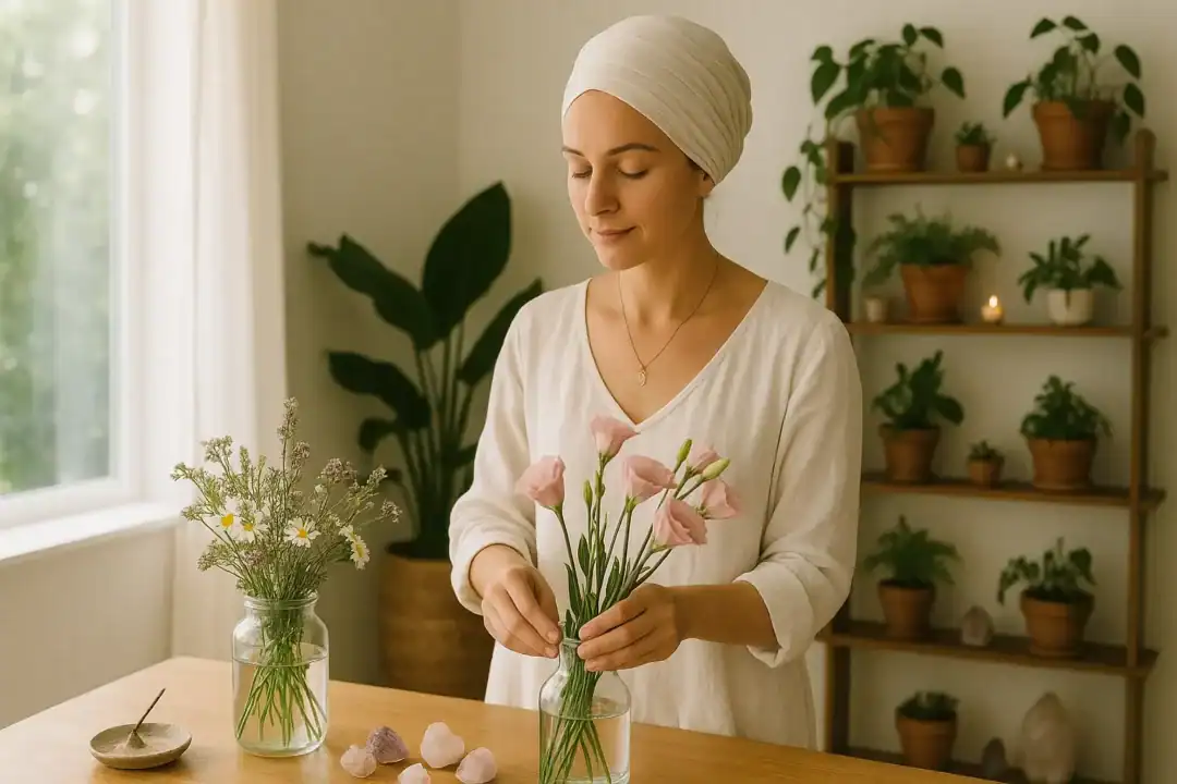 Mulher organizando flores com serenidade, simbolizando o arquétipo da governanta.