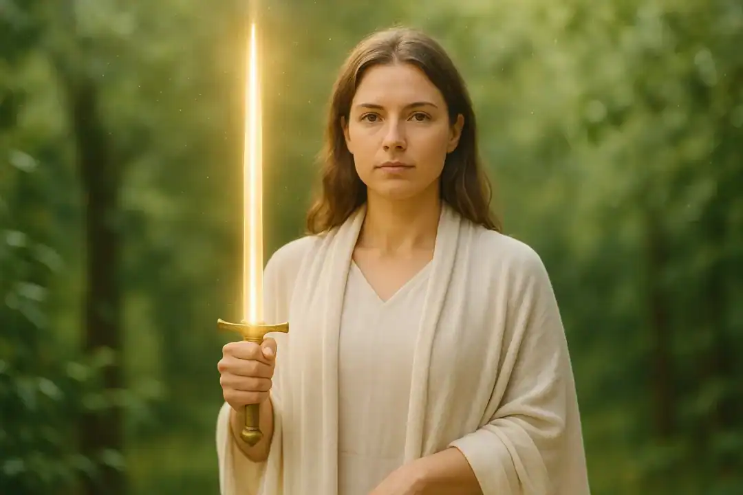 Mulher espiritual segurando espada de luz, simbolizando o arquétipo da guerreira.