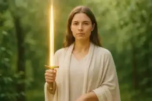 Mulher espiritual segurando espada de luz, simbolizando o arquétipo da guerreira.