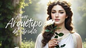 Mulher jovem com aparência divina segurando uma rosa branca, representando o arquétipo da Afrodite com beleza suave e expressão serena.