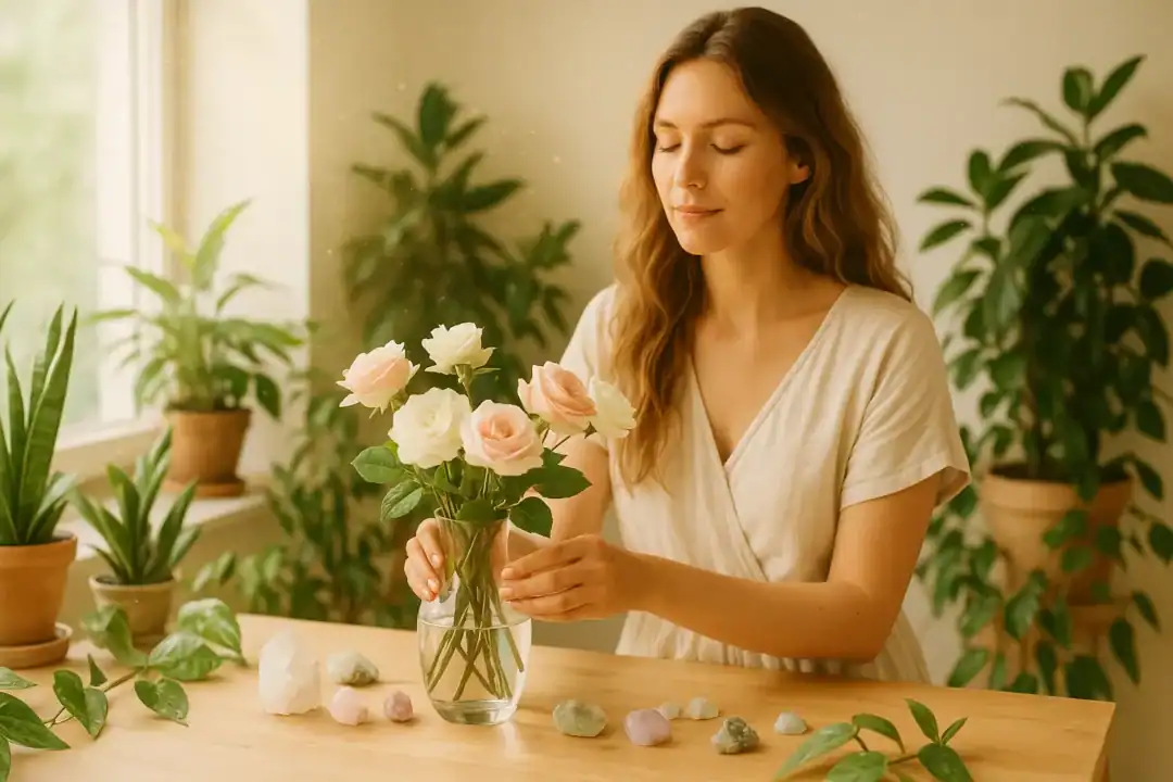 Mulher organizando flores com presença e espiritualidade.