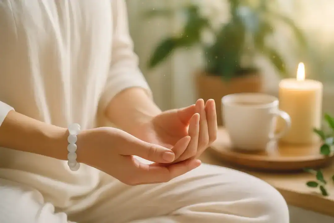 Mãos femininas em meditação, simbolizando pausa de respiração consciente.