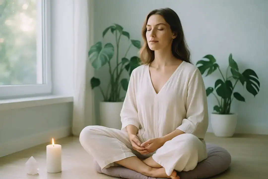 Mulher em ritual matinal de presença com vela e cristal.