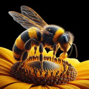 Abelha pousada em flor amarela coletando néctar, simbolizando coletividade, prosperidade e doçura da vida.