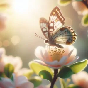 Borboleta pousada em flor iluminada pelo sol, simbolizando transformação, renascimento e leveza espiritual.
